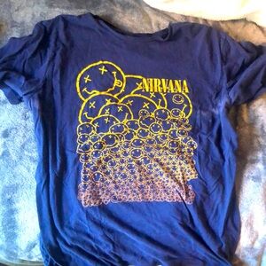 Navy Blue and Golden Yellow Nirvana Smiley Face T-Shirt - Men Large, Streetwear